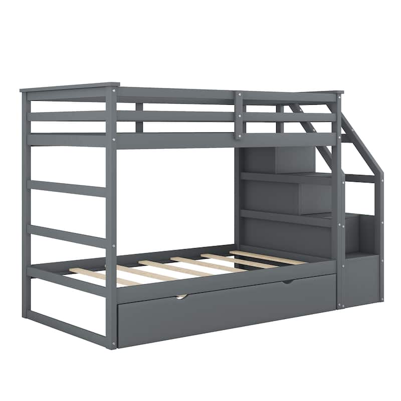 Kids Twin Ove Twin Bunk Bed with Pull-Out Trundle and 3 Storage Stairs, Safety Guardrails and Armrest
