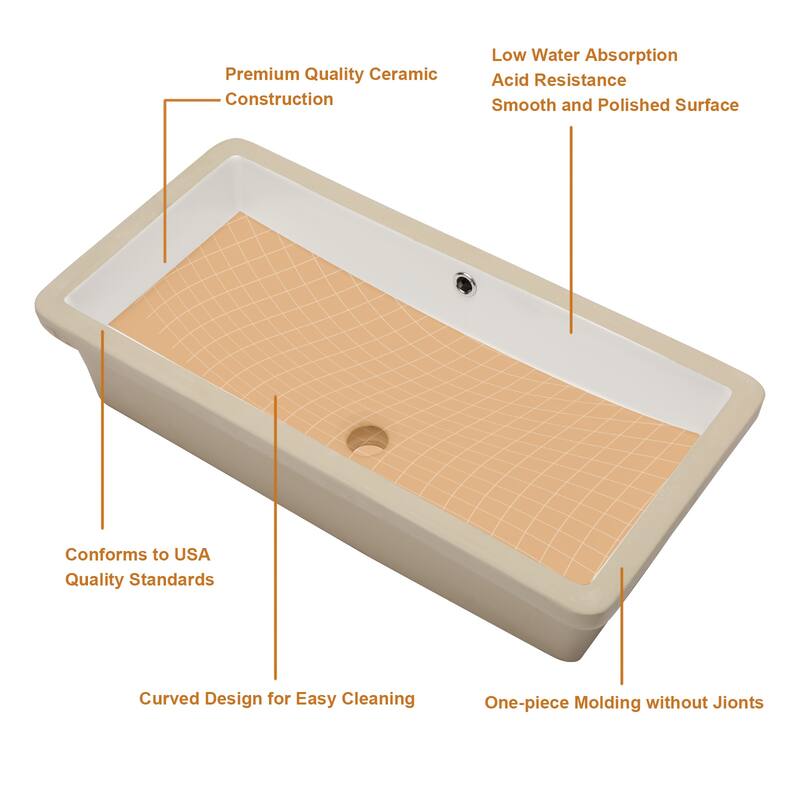 28"x14" White Ceramic Rectangular Undermount Bathroom Sink with Overflow