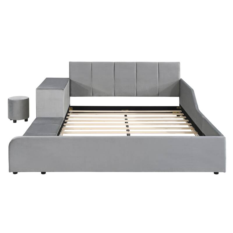Full Size Upholstered Platform Bed with Bedside Desk and Stool, Velvet, Gray