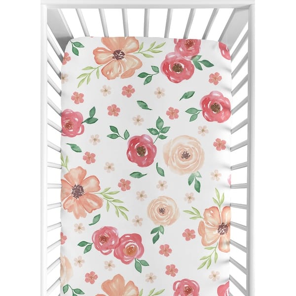 slide 2 of 6, Sweet Jojo Designs Peach and Green Watercolor Floral Collection Fitted Crib Sheet