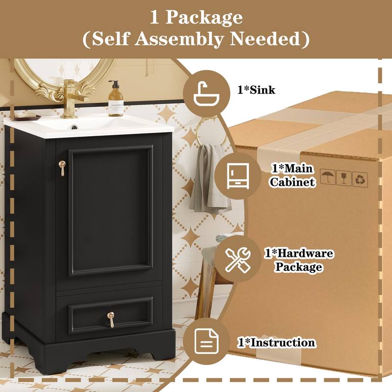 20" Bathroom Vanity with Ceramic Sink, Soft-Close Door, Drawer, Adjustable U-Shaped Shelf, Modern Freestanding Design