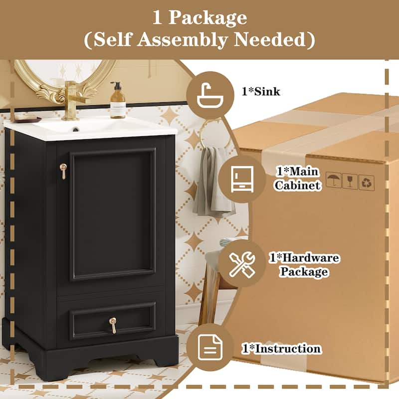 20 Inch Bathroom Vanity With Ceramic Sink, Soft Close Door, Adjustable U-Shaped Shelf, Compartment Drawer And Door Storage Rack