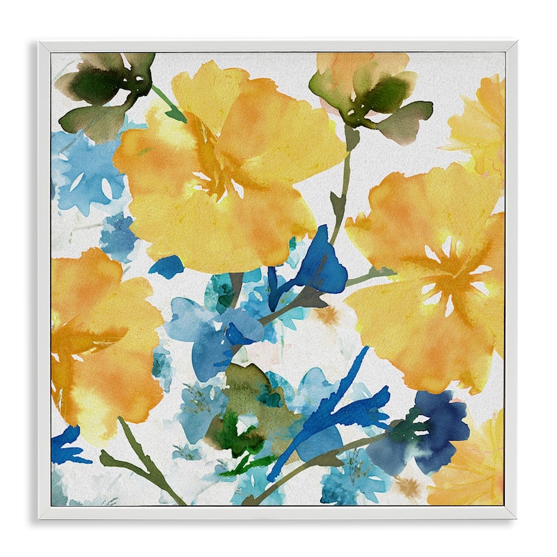 Stupell Yellow & Blue Hibiscus Framed Giclee Art Design by Flora Kouta - 17 x 17 - White