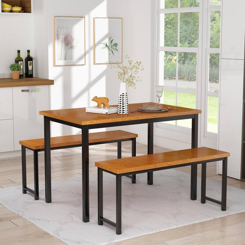 Eureka Industrial 3-piece Dining Set, Modern Kitchen Dining Table with Two Benches for Home, Kitchen, Dining Room, Bar