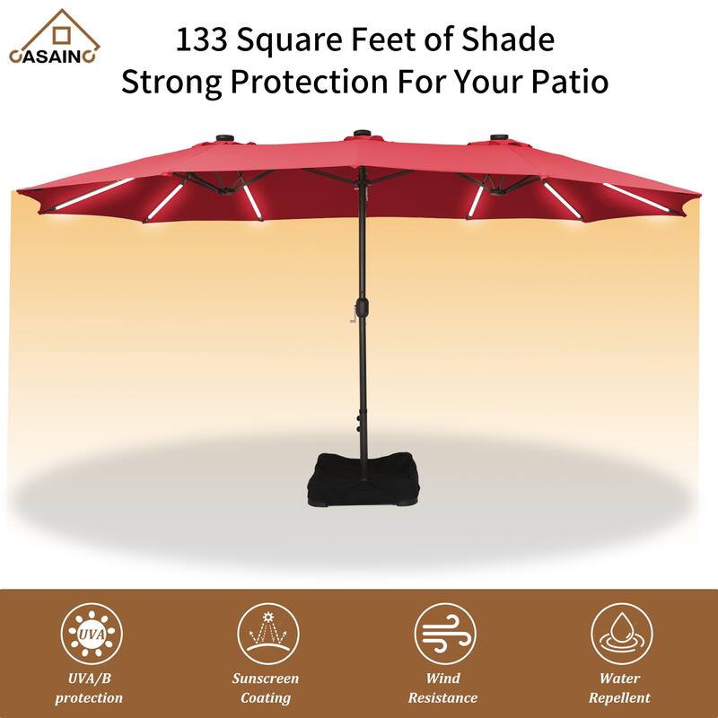 15 ft. Crank Double-sided Solar LED Ultra Lighted Outdoor Market Umbrella with Base Included
