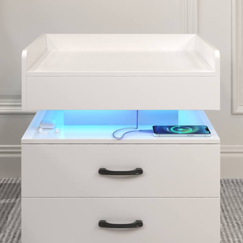 1 Set Nightstand with Adjustable LED Strip Light, 2-Drawers, Large Storage Space