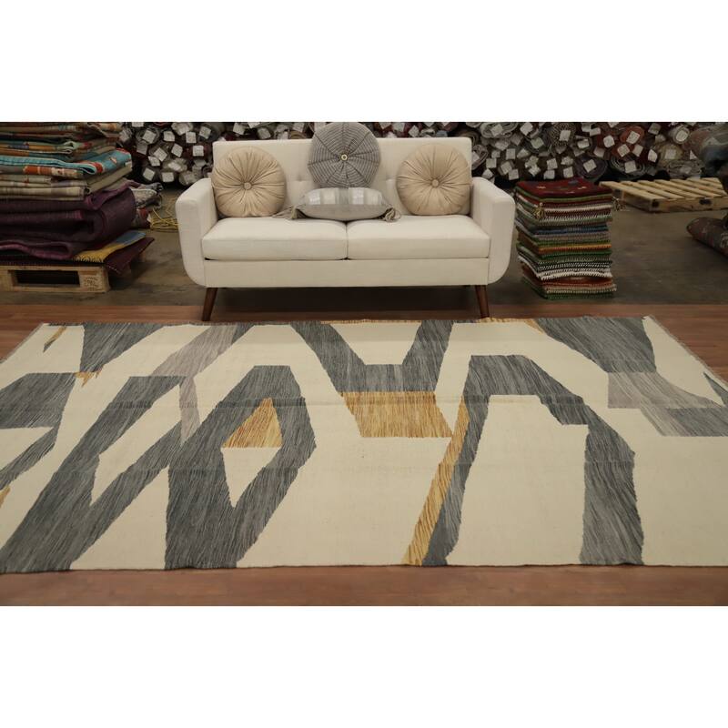 Hand Woven Oriental 100% Wool Carpet Southwestern Modern Beige & Ivories Kilim Area Rug - 10' 0'' X 6' 7''