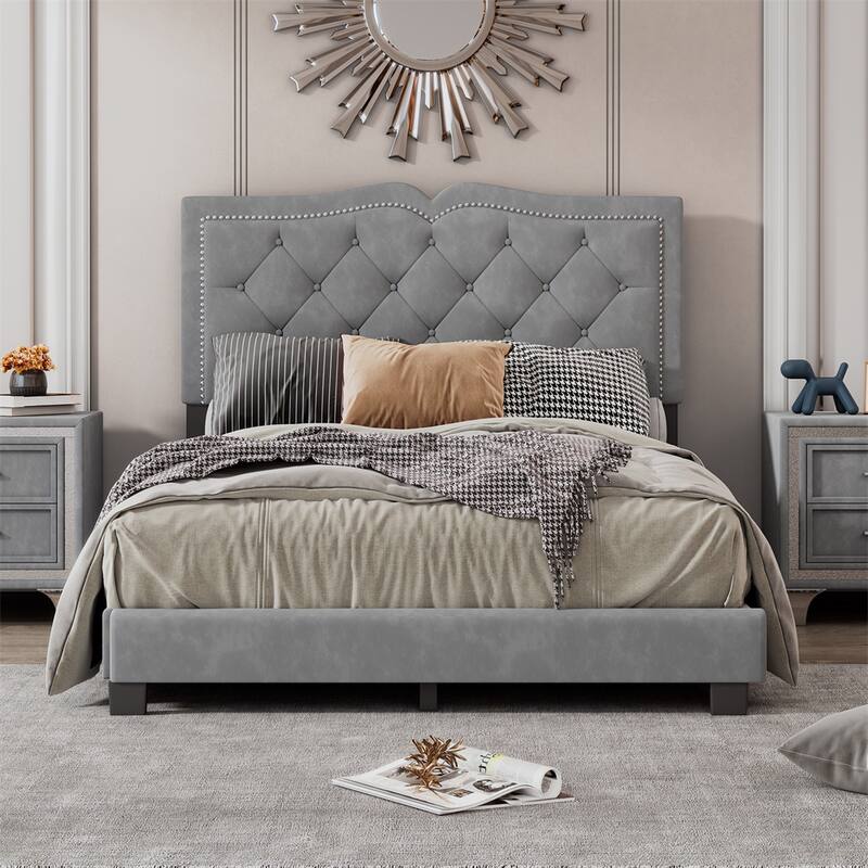 Full Size Upholstered Bed Frame with Rivet Design,Tufted Headboard