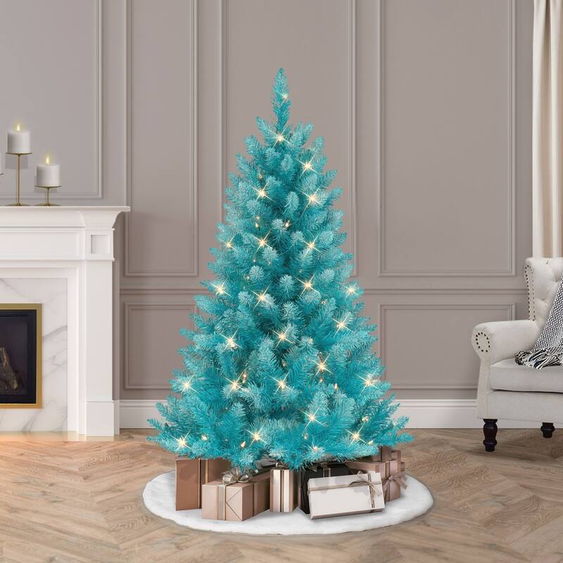 Pre-lit Medium Teal Blue Artificial Pine Christmas Tree - 4' - Clear Lights - 4 Foot