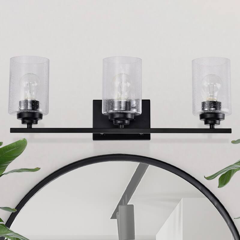 Matte Black 3-Light Vanity Lights with Seedy Glass
