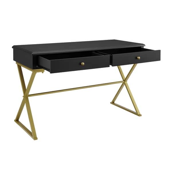 Dark Wood & Gold Double Drawer Desk