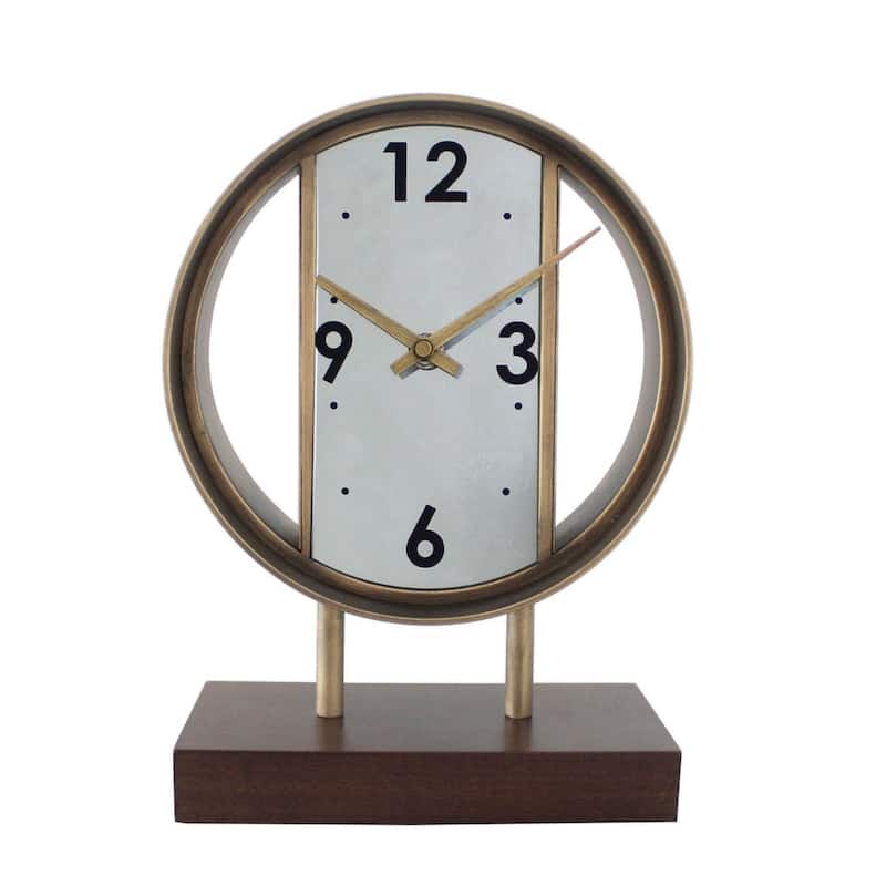 Round Open Design Quartz Clock with Wooden Base - 11" - Brown and Gold