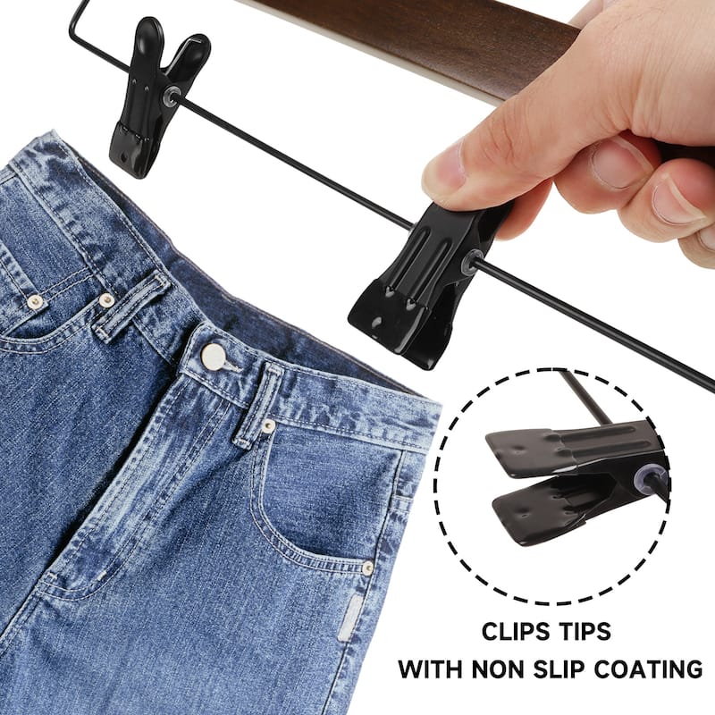 BP4U Premium Wooden Pants Hangers with Adjustable Clips, Solid Wood Skirt Hangers for Jeans, Slacks, Dresses
