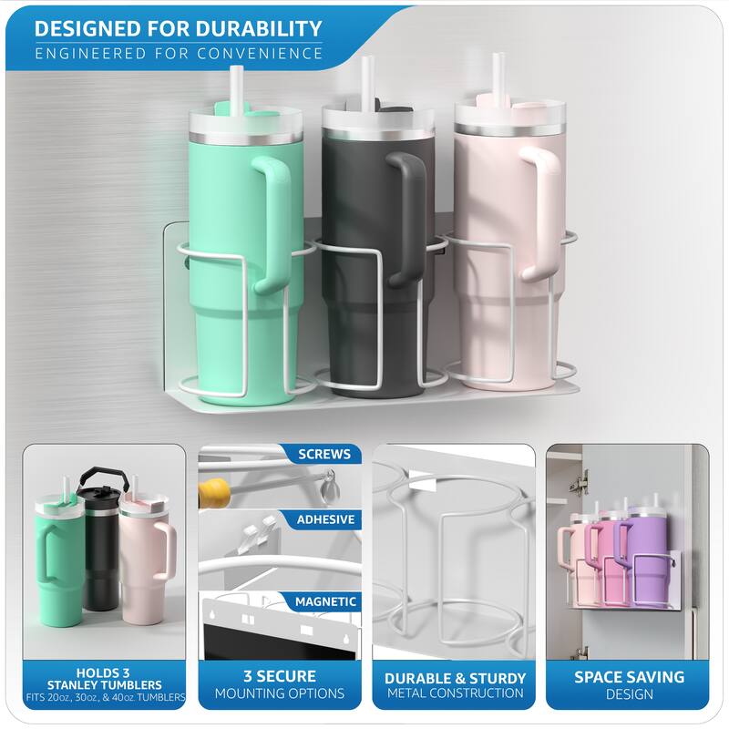 Sorbus Magnetic Stanley Cup Holder for 3 Cups, Set of 2 Water Bottle Organizer with Magnet Mount, Adhesive Tape, Screws