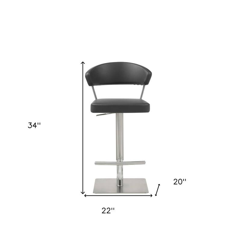 Black Faux Leather Bucket Bar Stool with Silver Stainless Steel Pedestal, Adjustable Height - 22” x 20” x 34” (D x W x H)