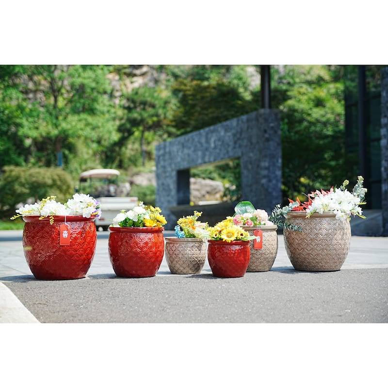 Set of 3 Antique Yellow Ceramic Planters 15 Inch Square Outdoor Garden Pots with Drainage Frost Resistant - Antique Yellow