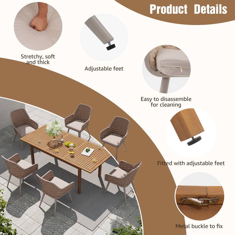 Outdoor Extendable Acacia Dining Set with 6 Rope-Back Chairs