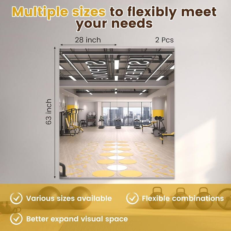 Full Length Tempered Glass Mirror - Rectangular Wall Mirror for Yoga, Gym & Dance Studio(Set of 2/3)