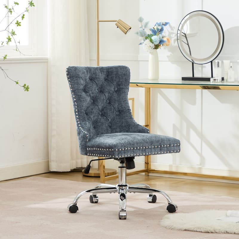 GDF Studio - Modern Chenille Tufted Upholstered Office Chair with Chrome Metal Base with Nailhead Trim and High-Rebound Cushion - Light Blue