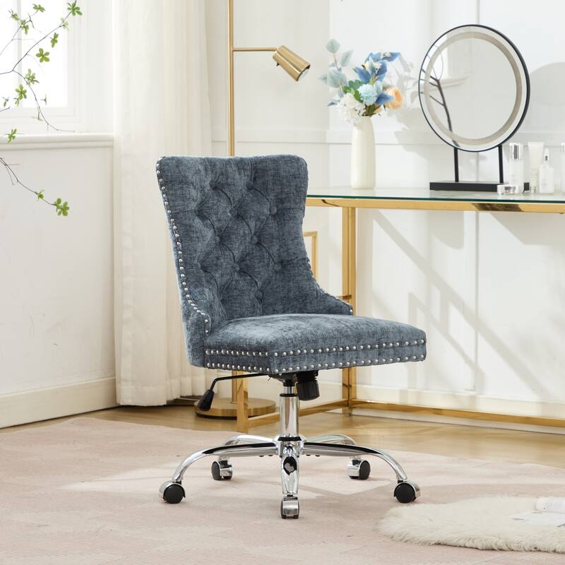 Modern Chenille Upholstered Tufted Button Home Office Chair with Chrome Metal Base,Adjustable Desk Chair Swivel Office Chair - Light Blue
