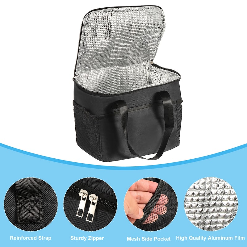 Lunch Bag Tote Bag with Pocket for Work Picnic 9.1"x6.9"x7.9", Black