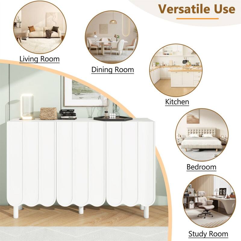 Modern Shoe Cabinet with Adjustable Shelves, Accent Storage Cabinet with Wave Doors, Sideboard Buffet Cabinet with Wood Legs