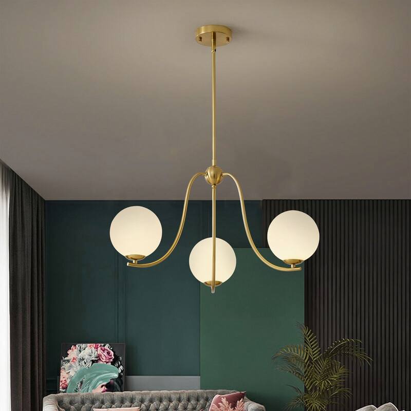 3 - Light Modern Linear Glass Globe Chandelier - Brushed Gold - Brushed Gold