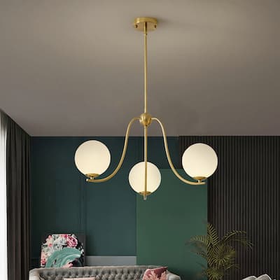 3 - Light Modern Linear Glass Globe Chandelier - Brushed Gold