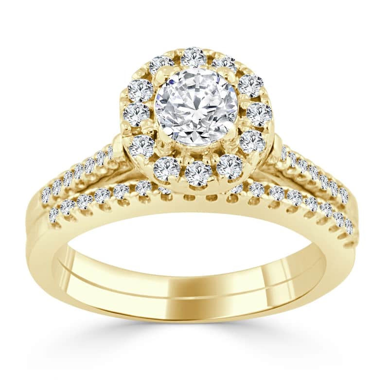 14k Gold 3/4ct TDW Round Halo Diamond Engagement Ring Set by Auriya - 4 - Yellow