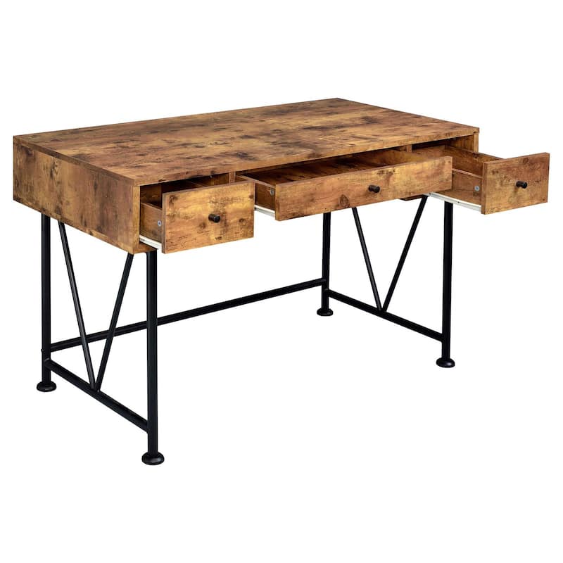 Farmhouse 3-Drawer Writing Desk with Metal Accents, Brown Wood Finish and Industrial Design for Home Office