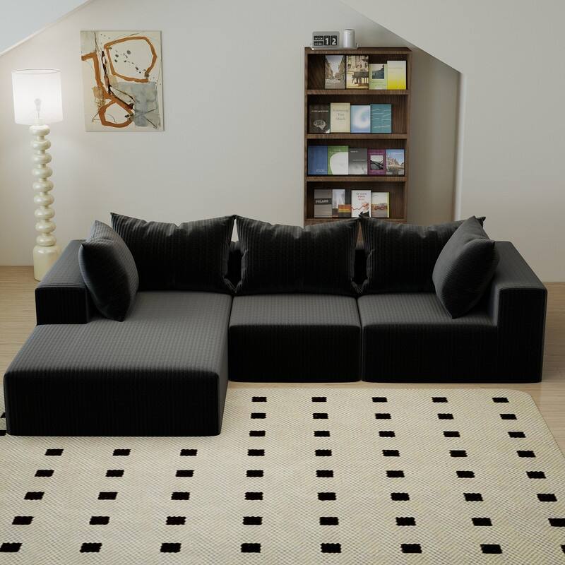 Velvet Sectional Sofa with 5 Pillows Modular L-Shape Sofa - Black