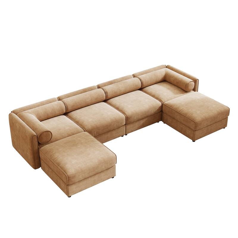 142.5" Extra Large U-Shaped Chenille Sectional Sofa with Storage Ottoman and Cylindrical Backrest(4-Seater Modular Design)