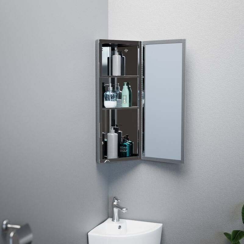 Infinity Corner Medicine Cabinet with Mirror Stainless Steel 31.5" x 12" Triple Shelf Cabinet Left Open