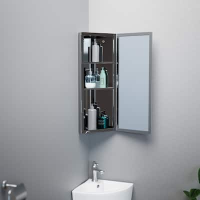 Infinity Corner Medicine Cabinet with Mirror Stainless Steel 31.5" x 12" Triple Shelf Cabinet Left Open