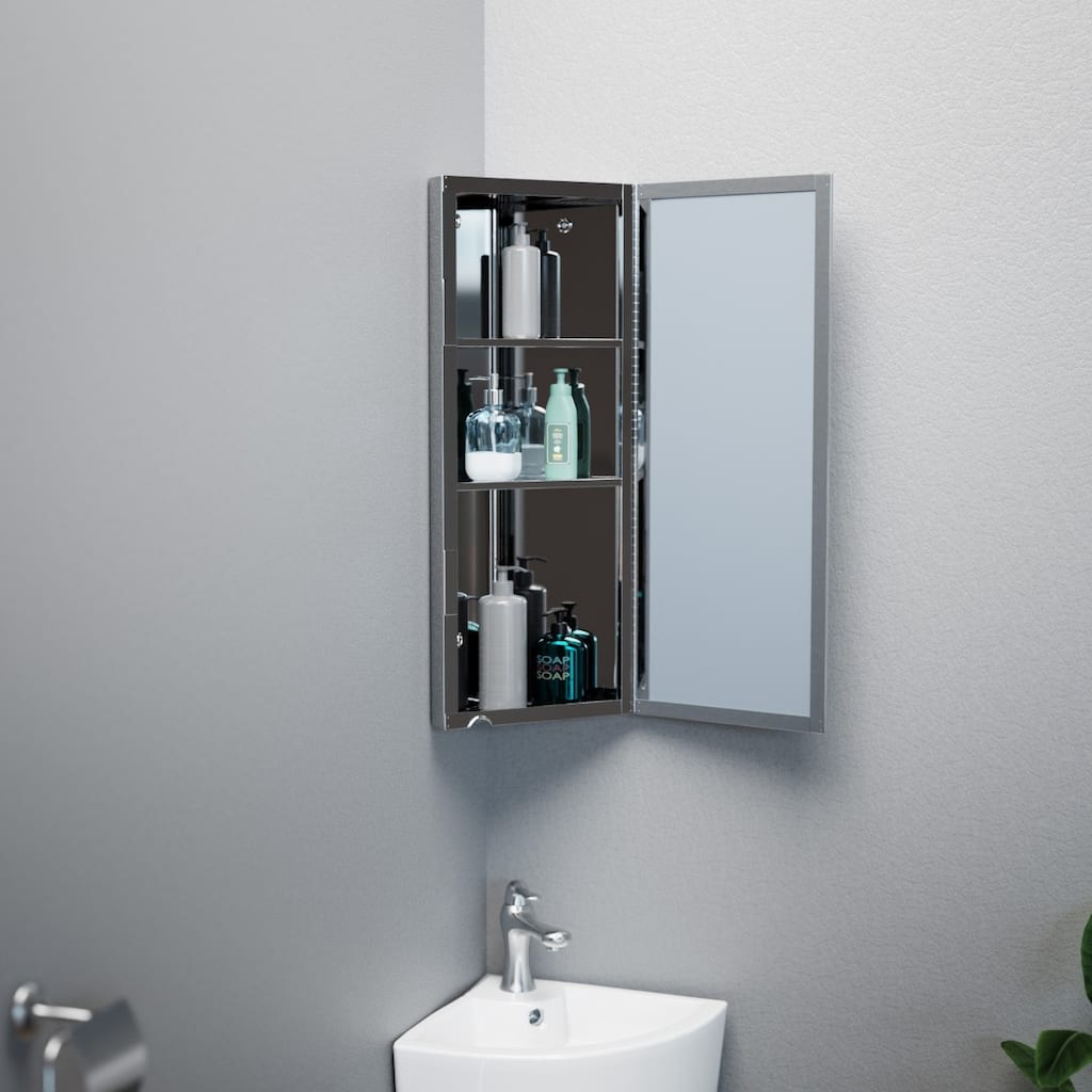 Infinity Corner Medicine Cabinet with Mirror Stainless Steel 31.5" x 12" Triple Shelf Cabinet Left Open