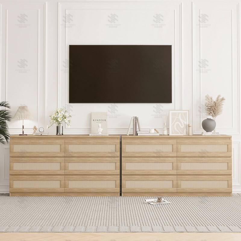 6/8 Drawer Rattan Dresser for Bedroom, Double Wood Chest of Drawers for Closet, Nightstand, TV Stand