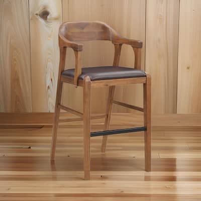 Rase 29 Inch Barstool Chair, Faux Leather Seat, Open Curved Back, Brown