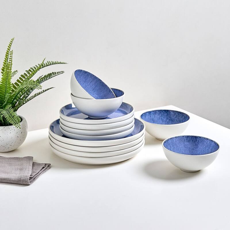 Sango Cove 12-Piece Blue Stoneware Dinnerware Set - Service for 4, Plate & Bowl Set, Blue with a White Speckled Underglaze