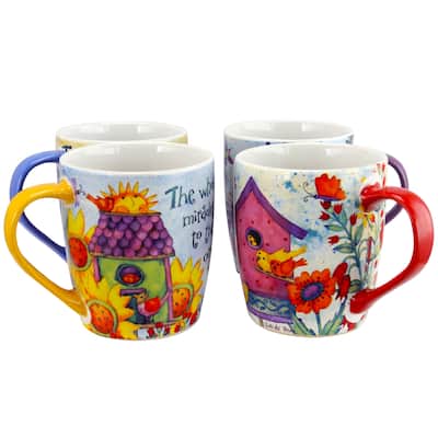 Gibson Birdhouse Floral 18 oz Cup, 4 Assorted Designs