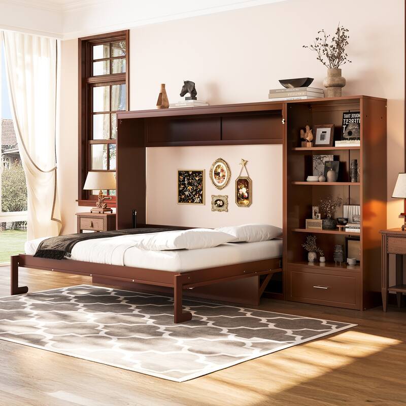 Queen Size Foldable Platform Bed With Height Adjustable Storage Compartments And Shelf,Wall Bed Frame With 1 Drawer