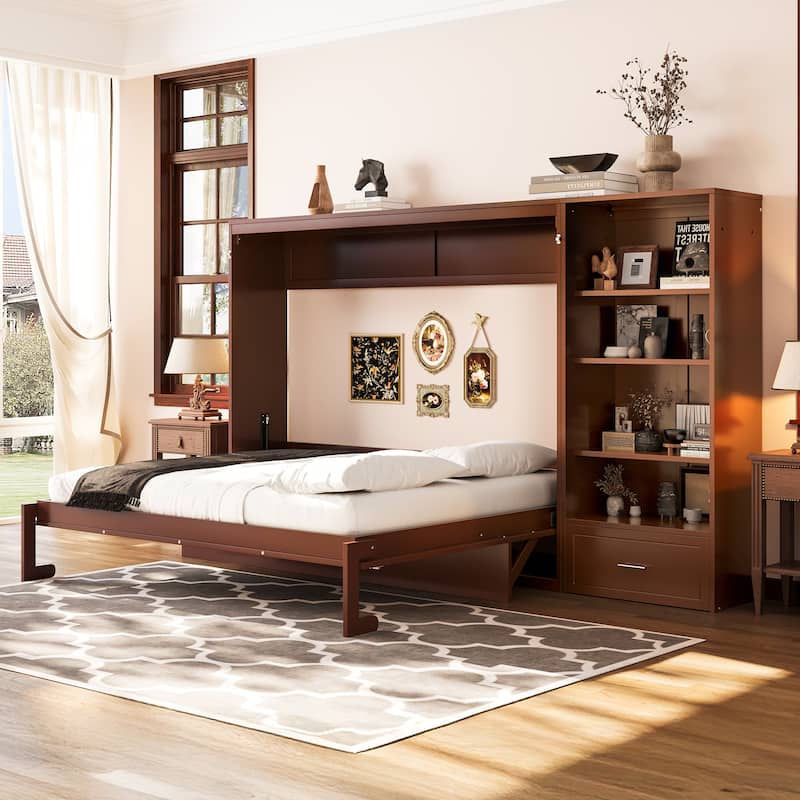 Queen Size Murphy Bed with Height Adjustable Storage Compartments and Shelf With 1 Drawer for Bedroom