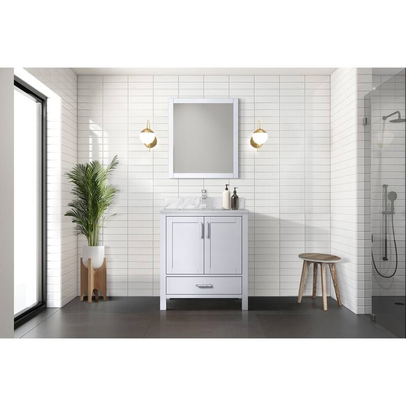 Jacques 30 in White Bath Vanity, Carrara Marble Top, Faucet, & Mirror