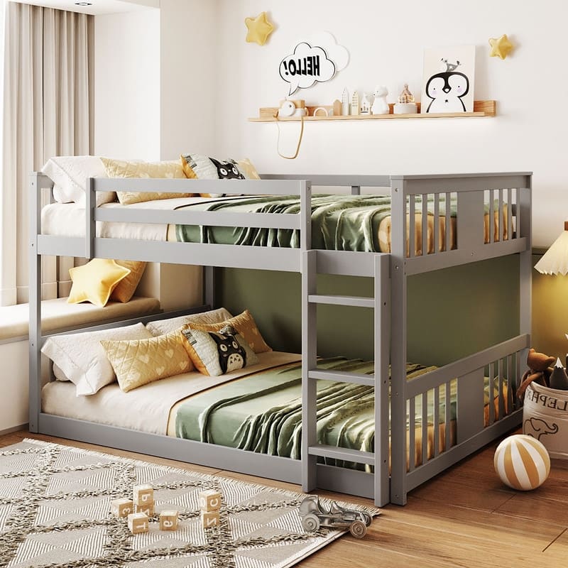Low Bunk Beds Full Over Full Wood Bunk Bed Frame Floor Bunkbed for Kids Toddlers Boys Girls Teens' Bedroom Dorm - Gray