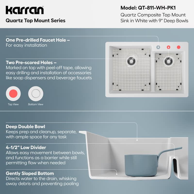 Karran 33" Top Mount Large/Small Bowl Quartz Kitchen Sink Kit - 33" x 22" x 9"