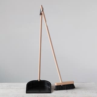 Beech Wood Broom and Standing Metal Dust Pan Set