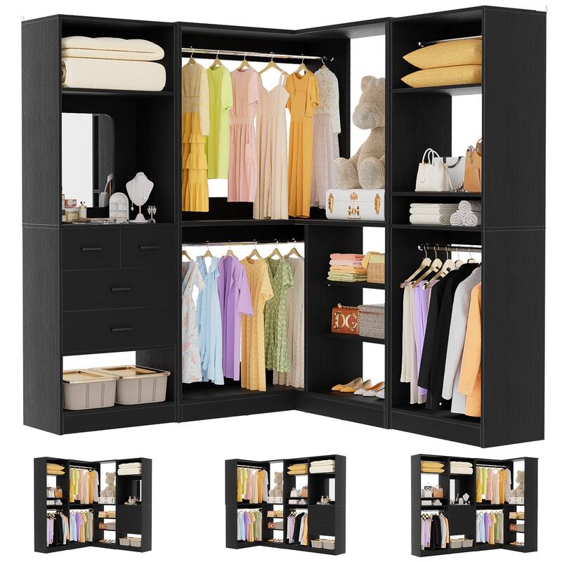 Cimly Set of 3 Corner Closet System with Hanging Rods, Space-saving Closet Organizer with Mirror - 86'' - Black