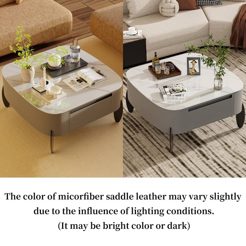 Rounded Square Sintered Stone Coffee Table Microfiber Saddle Leather - 32"