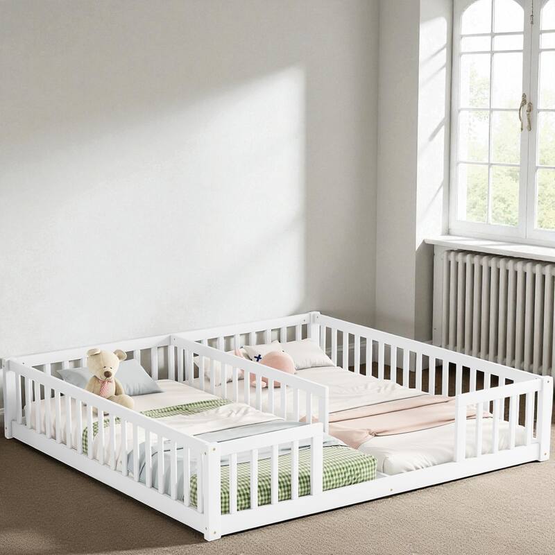 Double Twin Floor Bed with Fence and Guardrails, Solid Pine Wood Frame Montessori Bed for Kids