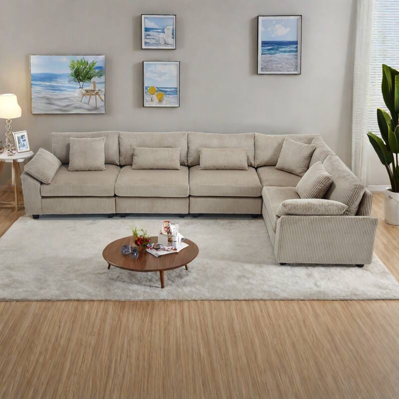 146" Fabric U-Shape Modular Sectional Sofa with Deep Seats and 7 Pillows (5-Seater) - Brown