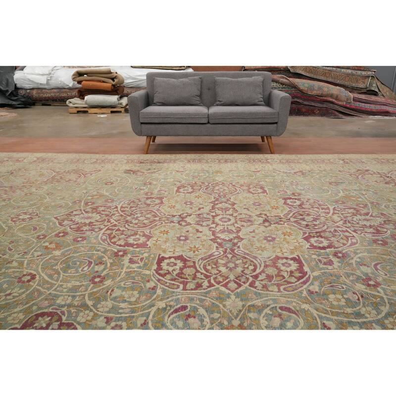 Hand Knotted Oriental 100% Wool Carpet Traditional Floral Navy Blue & Blues Tabriz Area Rug - 16' 0'' X 11' 2''